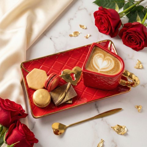 Kubek Torebka z talerzykiem i łyżeczką serce - prezent dla Kobiety