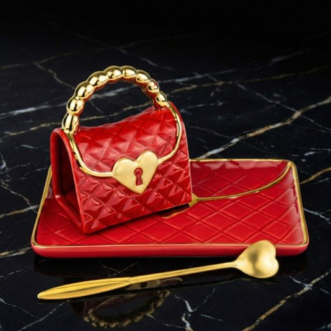 Kubek Torebka z talerzykiem i łyżeczką serce - prezent dla Kobiety