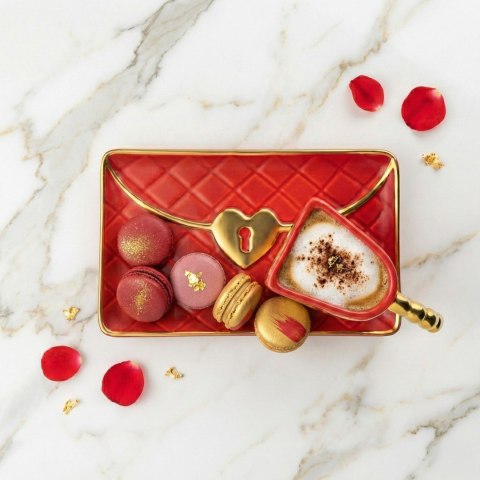 Kubek Torebka z talerzykiem i łyżeczką serce - prezent dla Kobiety