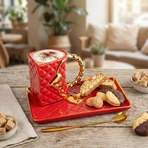 Kubek Torebka z talerzykiem i łyżeczką serce - prezent dla Kobiety