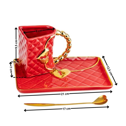 Kubek Torebka z talerzykiem i łyżeczką serce - prezent dla Kobiety